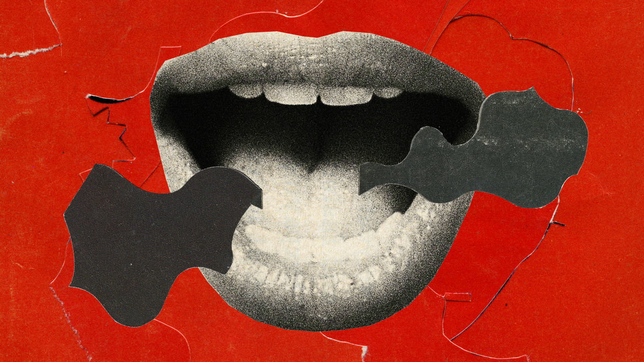 A collage illustration showing a mouth with two black shapes representing distorted speech bubbles. 