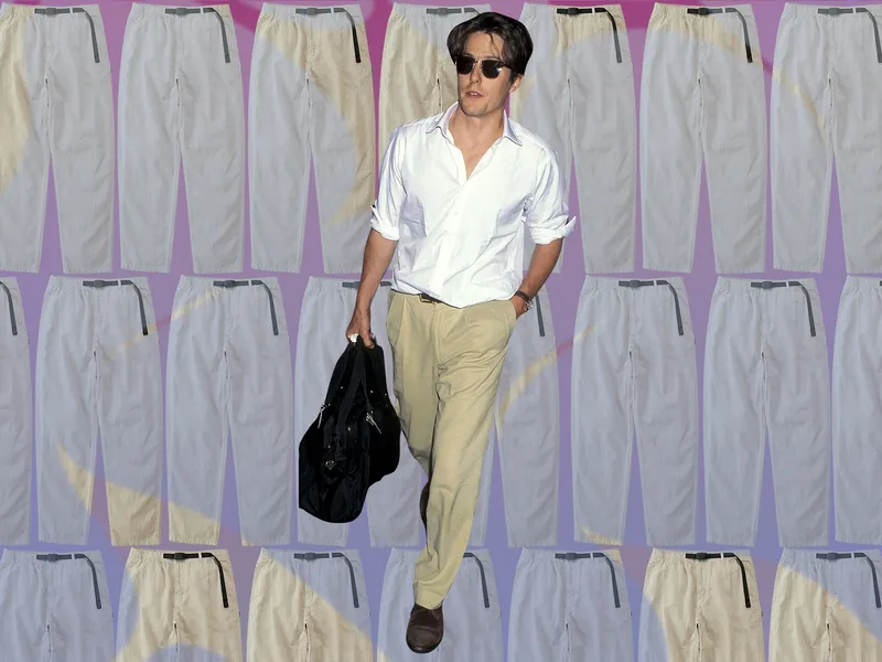 Image may contain: Hugh Grant, Clothing, Pants, Accessories, Bag, Handbag, Adult, Person, Glasses, Footwear, Shoe, and Shirt