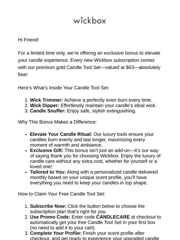 Unlock a Free $63 Candle Tool Set with Your New Wickbox Subscription!