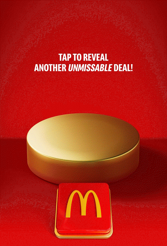 A McDonald's burger and box of fries drop onto a gold plinth on a red background. Big white text reads £2.99 CLASSIC BURGER AND MEDIUM FRIES