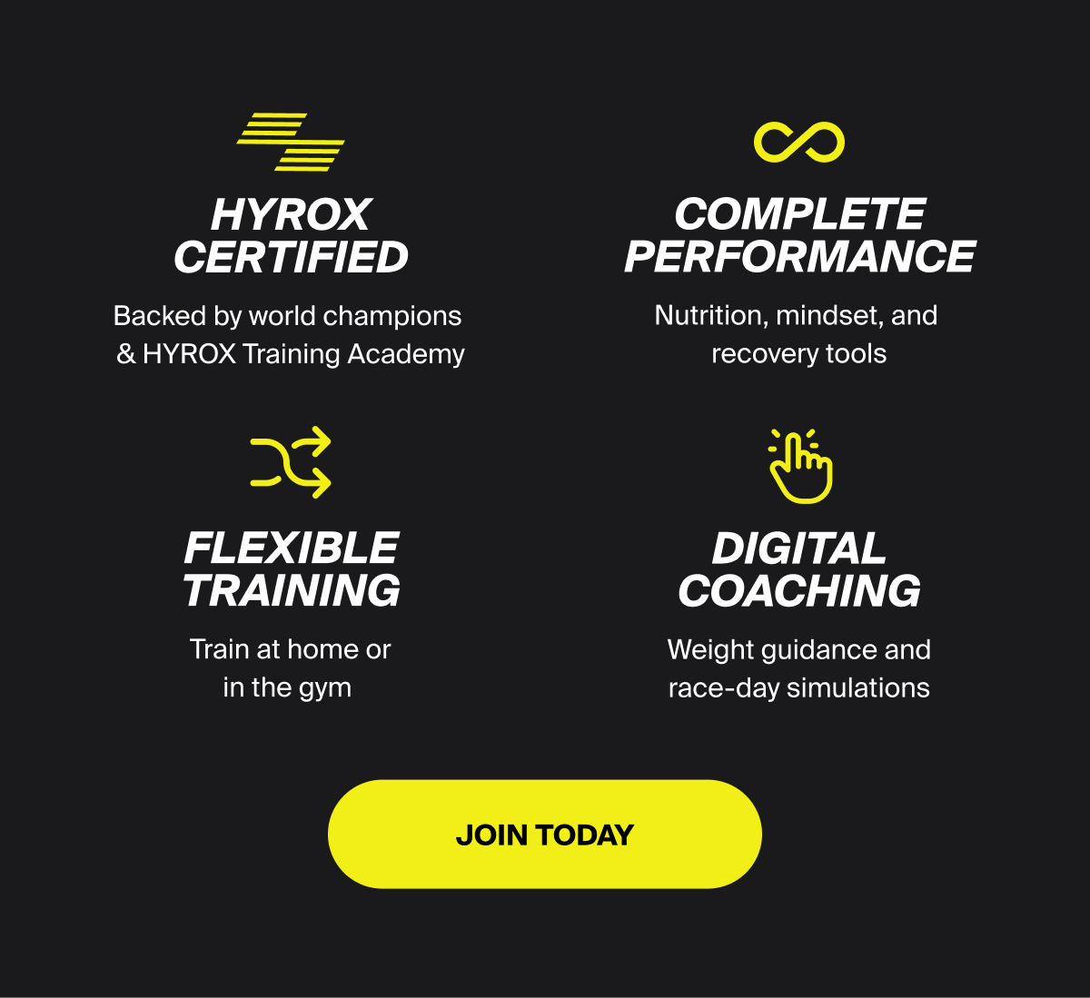 HYROX CERTIFIED - Backed by world champions & HYROX Training Academy | COMPLETE PERFORMANCE - Nutrition, mindset, and  recovery tools | FLEXIBLE TRAINING - Train at home or in the gym | DIGITAL COACHING - Weight guidance and race-day simulations | JOIN TODAY