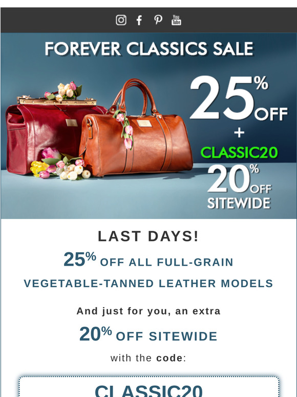 🚨 LAST DAYS! 25% off the most iconic leather + extra 20% off SITEWIDE