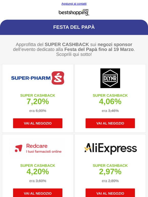 Festa del Papà - Fino al 19/3 ricevi il Super Cashback sui negozi sponsor dell'evento