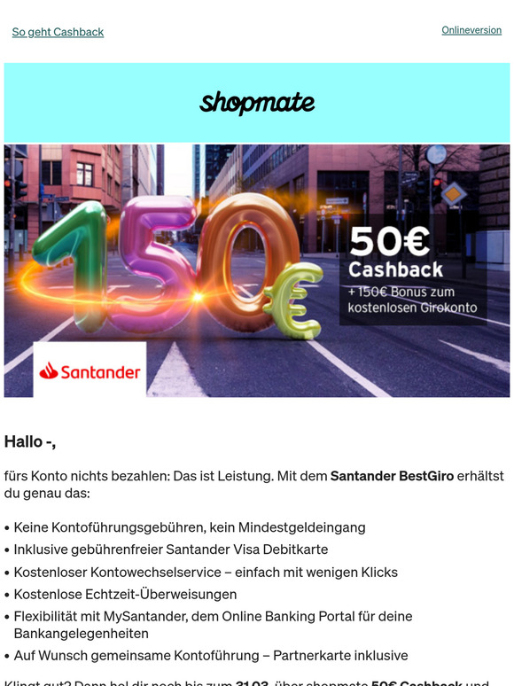50€ Cashback + 150€ Bonus bei Santander