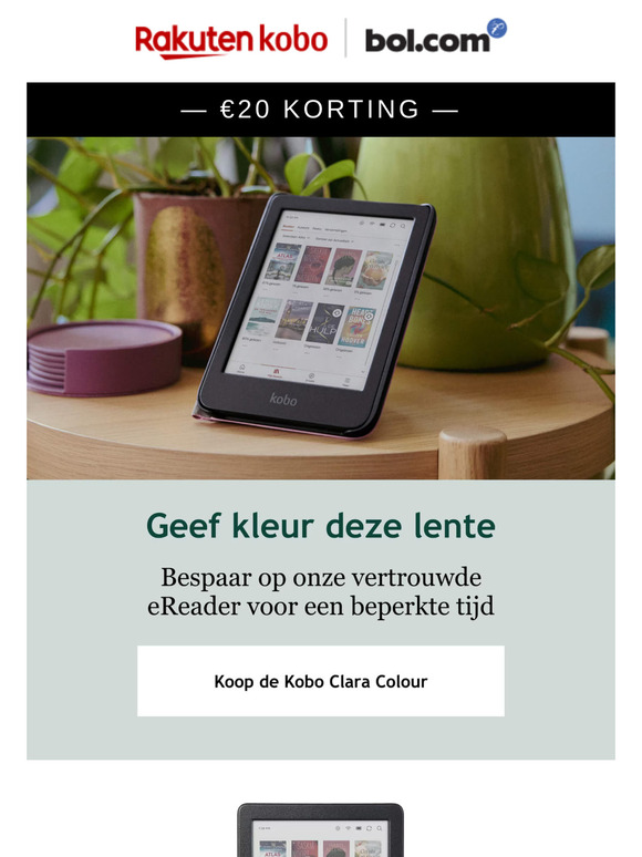 Zeg vaarwel tegen grijs. Bespaar €20 op de Kobo Clara Colour.