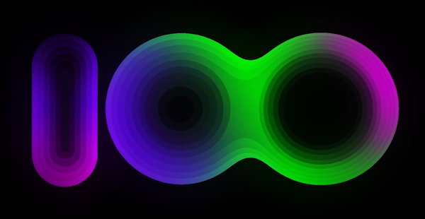 Stylised, futuristic illustration of the numeral 100 in purple, green and blue colours on a black background
