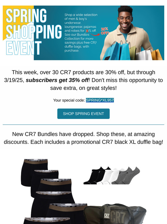 SPRING EVENT! 35% off + BUNDLES with free CR7 duffle bags!