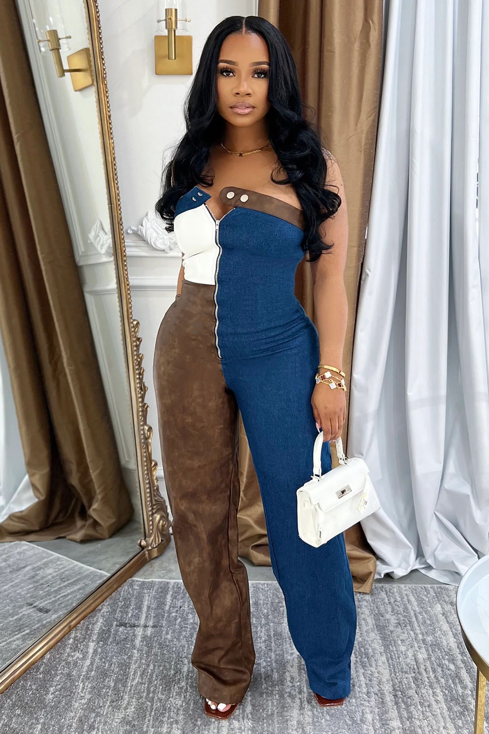 Colorblock Patchwork Buckle Zip-Up Denim Strapless Jumpsuit-Blue [Pre Order]