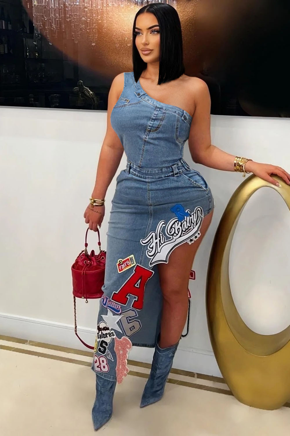 One Shoulder Sleeveless Asymmetric Patch Denim Maxi Dresses-Blue [Pre Order]