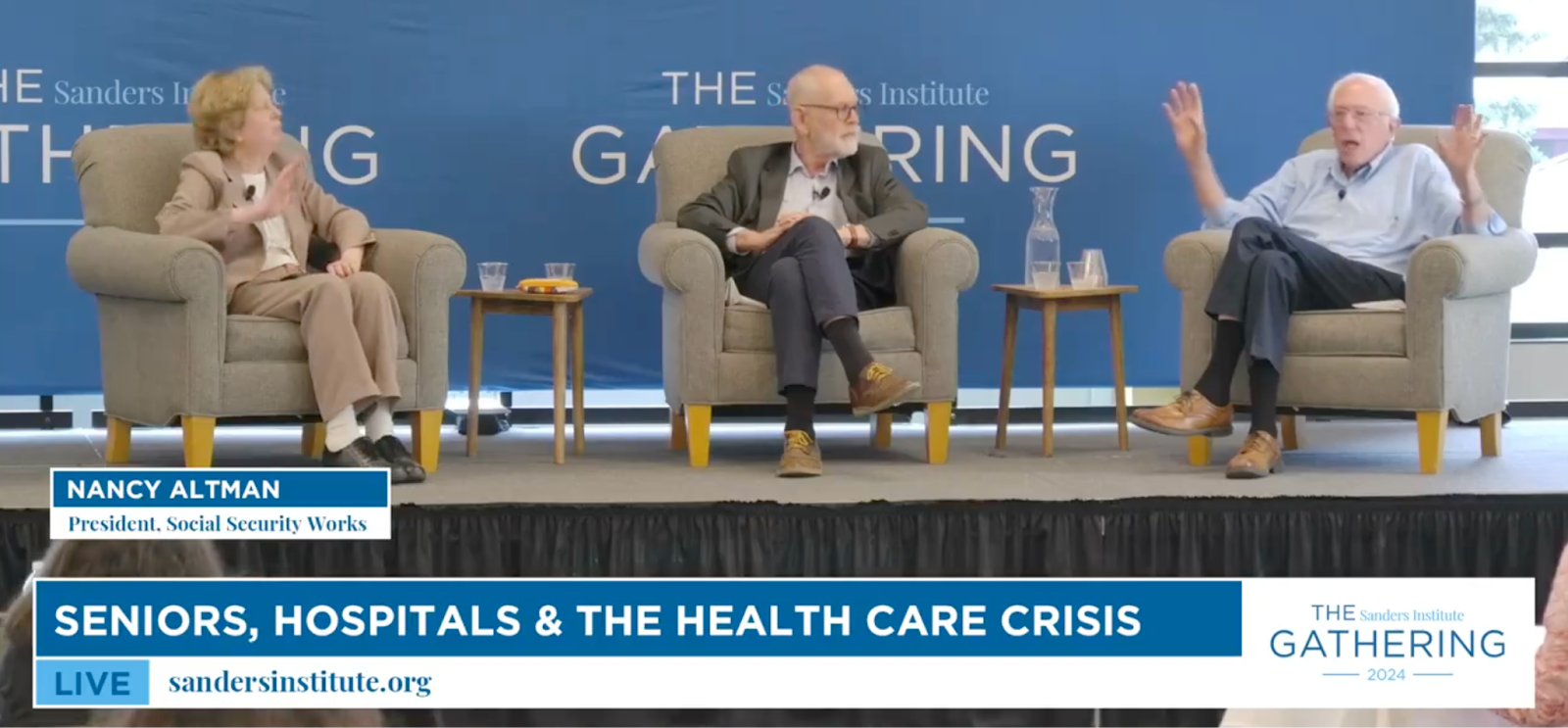 Nancy Altman, Wendell Potter, and Bernie Sanders on stage at the Sanders Institue Gathering