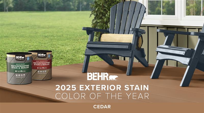 Exterior deck in the BEHR 2025 Exterior Wood Stain Color of the Year, Cedar.