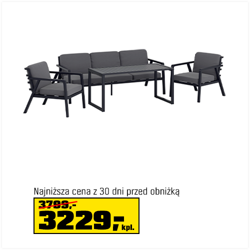 Materiał: aluminium W komplecie: sofa, 2 fotele, stół, poduchy