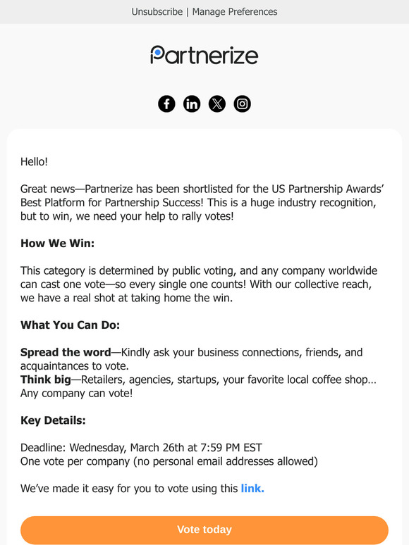 Vote for Partnerize: Help Us Win the US Partnership Award!