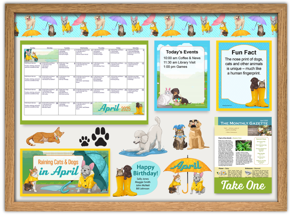 A detailed community bulletin board themed 'Raining Cats & Dogs in April'. It features a colorful top border with dogs and cats under umbrellas, an extensive calendar for April 2025, daily event listings, and a fun fact about the uniqueness of animal nose prints. The board also includes birthday greetings with pet illustrations, a 'Take One' section with a newsletter featuring botanical and special day highlights.