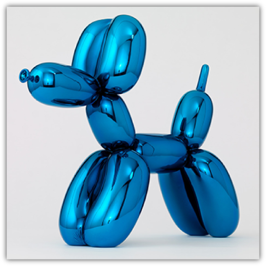 A shiny, metallic blue sculpture of a balloon dog by Jeff Koons, showing intricate details and reflections that highlight its twisted balloon-like segments, set against a plain white background.