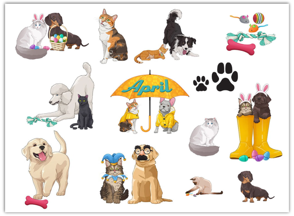 A vibrant collection of themed clipart featuring a variety of animals engaged in playful spring activities. The set includes a rabbit wearing bunny ears, a dachshund and a cat in rain boots, dogs and cats in different playful poses such as holding umbrellas, a cat in a basket of Easter eggs, and pets dressed in humorous outfits like jester hats. Each clipart is whimsically styled, perfect for festive spring and Easter themes.