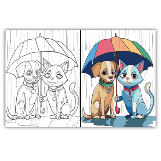 Two side-by-side illustrations of a coloring book page featuring a puppy and a kitten under an umbrella. The left image is a black and white line drawing, while the right image is fully colored with the puppy in brown and the kitten in blue, both under a colorful umbrella, depicting a rainy scene.