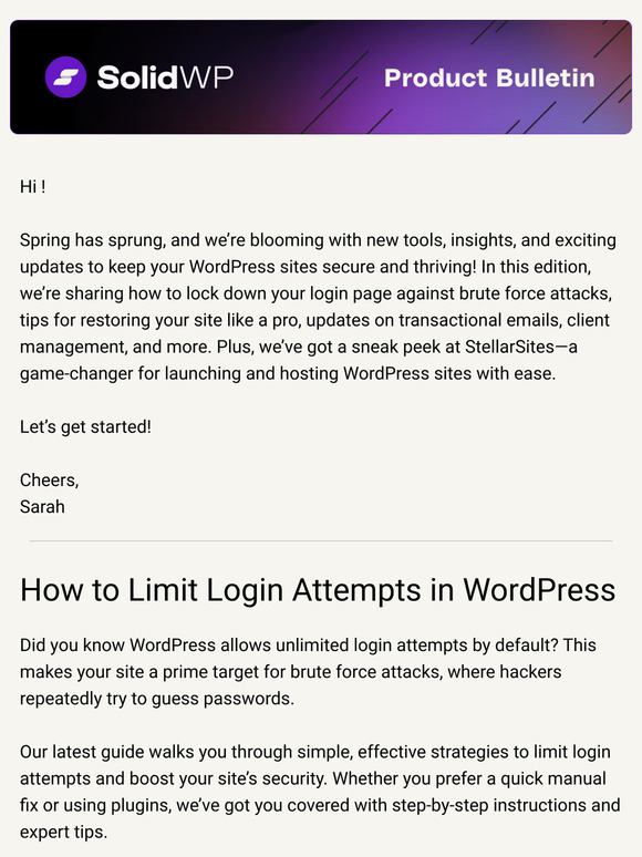 🗞️ SolidWP Product Bulletin: Secure Your Site + Meet StellarSites