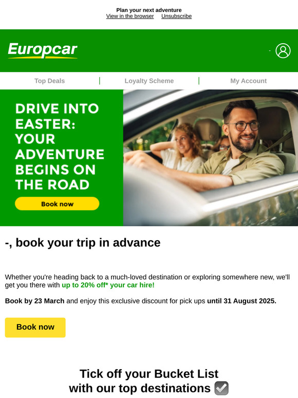 Secure your car hire early and enjoy 20% off