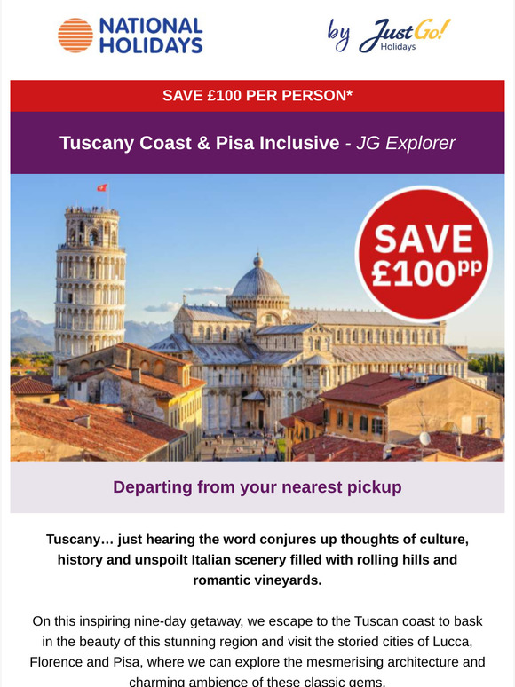 Discover Tuscany & Pisa with £100pp off