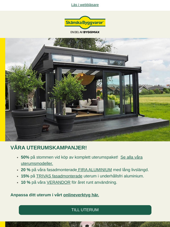 Vårens uterumsfest! 🥳 50% på limträstommen vid köp av ett komplett uterum och upp till 20% på växthus.