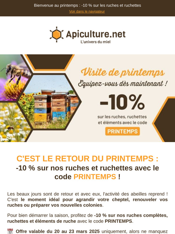 🌸 Offre de printemps : -10 % sur vos ruches, ruchettes & éléments