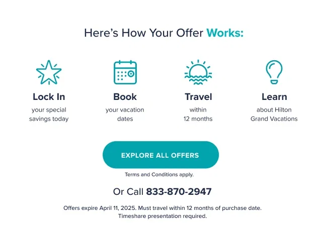 Here's How Your Offer Works: Lock in your special savings today. Book your vacation dates. Travel within 12 months. Learn about Hilton Grand Vacations. Explore All Offers or call 833-870-2947. Timeshare presentation required. Travel within 12 months of purchase date. Offers expire April 11, 2025.