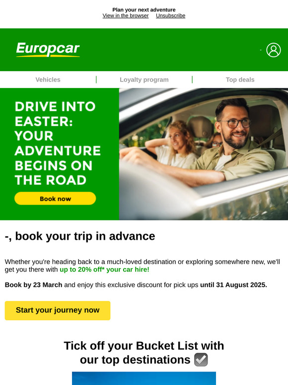 Secure your car hire early and enjoy 20% off