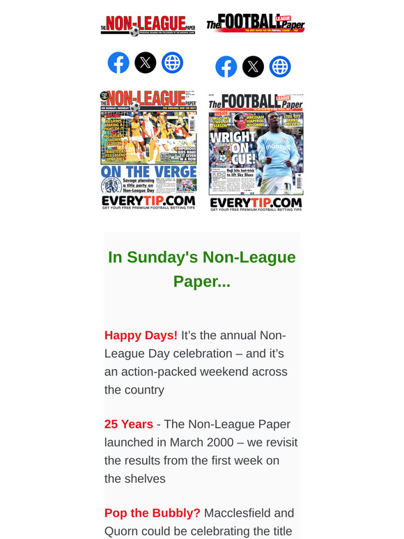 IN SUNDAY'S PAPERS > NLP: Non-League Day celebration / The NLP's 25-year anniversary / Macclesfield and Quorn could be celebrating titles this weekend // FLP: An in-depth look ahead to the Championship, League One and League Two run-ins / Chris Dunlavy on Aaron Ramsey's injury-plagued Cardiff return