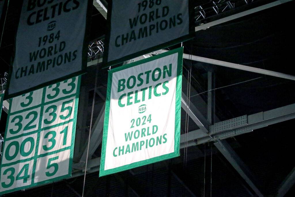 Boston Celtics banners hanging at Boston’s TD Garden
