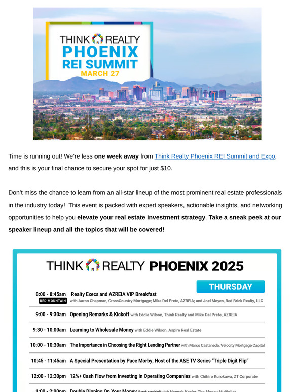 ⏳ 1 Week Left to Register for Think Realty Phoenix REI Summit and Expo– Don’t Miss Out-Comprehensive Agenda Inside!