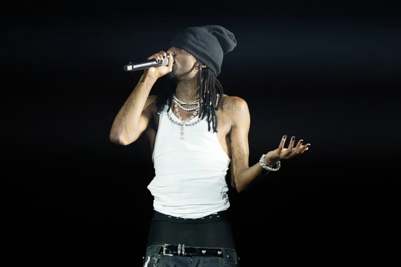 INGLEWOOD, CALIFORNIA - MARCH 16: Rapper Playboi Carti debuts his new album %22I Am Music%22 onstage during the Rolling Loud Festival at Hollywood Park Grounds on March 16, 2025 in Inglewood, California. (Photo by Scott Dudelson/Getty Images)