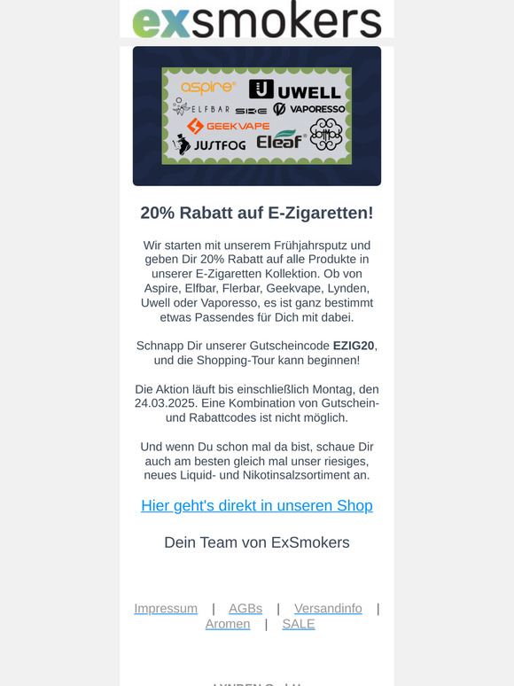 20% Rabatt auf E-Zigaretten!