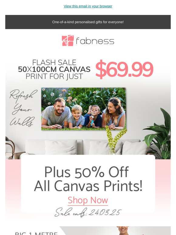 50x100cm Canvas now $69.99 | plus 50% off other canvas prints