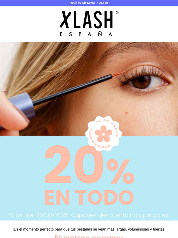 ¡Aprovecha AHORA el 20% DTO! 🌸 Esta Primavera, tus pestañas más largas que nunca con Xlash. 👁️💫
