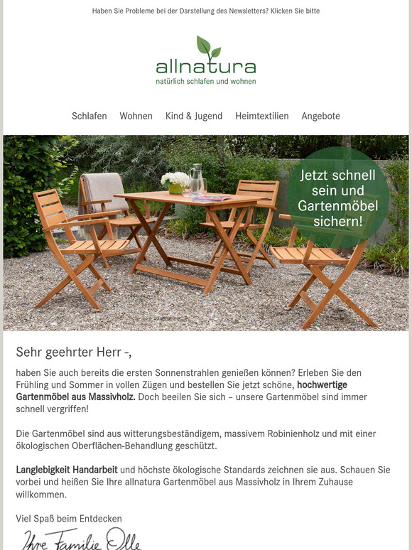 Schnell sein lohnt sich: Gartenmöbel von allnatura!