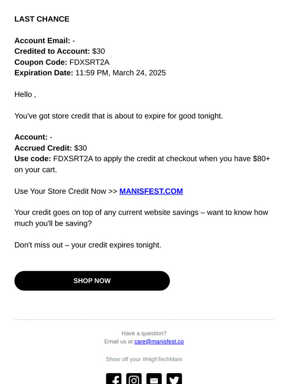 Don't miss your $30 Credit