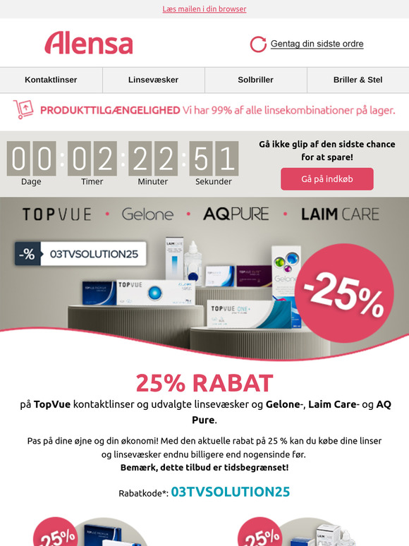 Kun i dag: 25 % rabat på TopVue-linser og udvalgte væsker.