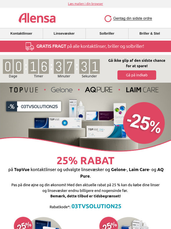 Sidste dag til at få 25 % rabat på TopVue-linser og udvalgte væsker.