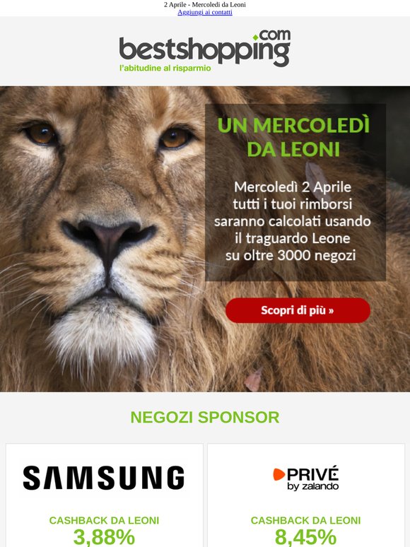 Il Mercoledì da Leoni è in arrivo - Il 2 Aprile ricevi il massimo cashback sui nostri negozi