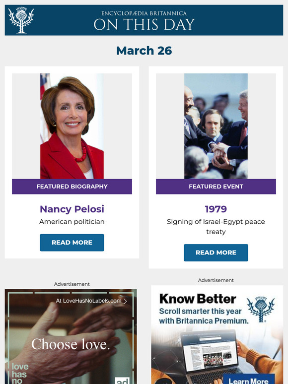 Signing of Israel-Egypt peace treaty, Nancy Pelosi is featured, and more from Britannica