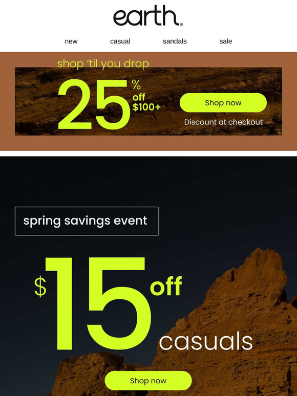 $15 OFF Casuals + 25% OFF Your Order!