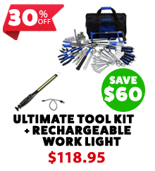 Ultimate Bush Mechanic Tool Kit 150+ Pieces + Rechargeable LED Work Light