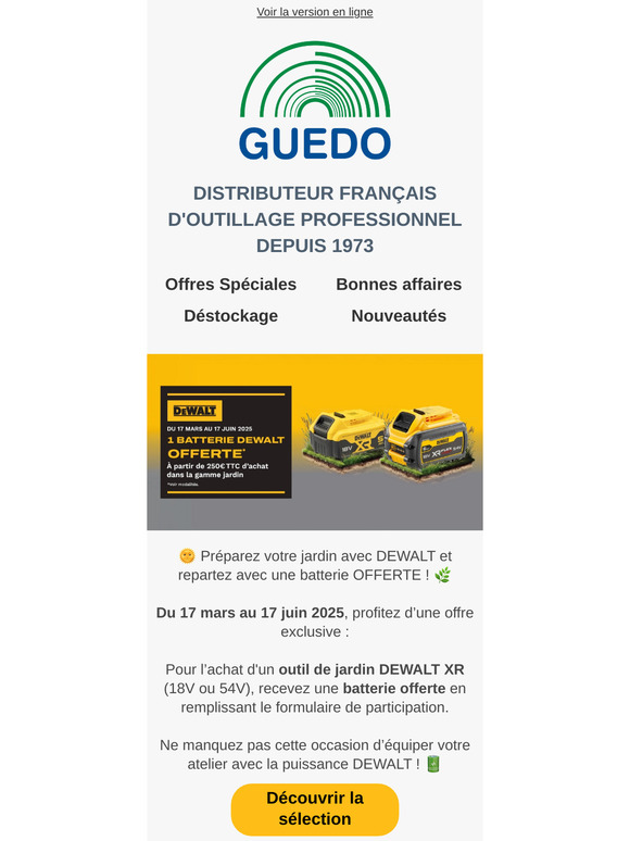 ⚡ Offre Jardin Dewalt : Batterie OFFERTE