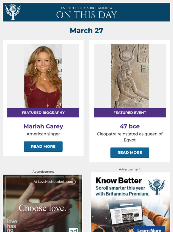 Cleopatra reinstated as queen of Egypt, Mariah Carey is featured, and more from Britannica