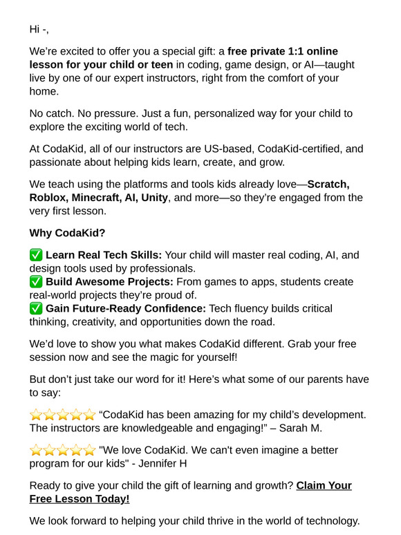 A Special Gift for ——A Free 1:1 Coding, Game Design, or AI Lesson!