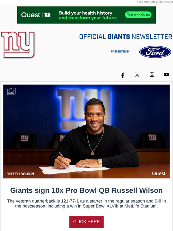Giants sign 10x Pro Bowl QB Russell Wilson