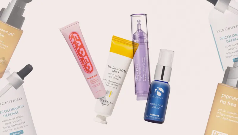 Kojic acid cosmetic products overlapping on a light pink background. Product brands include SkinCeuticals, Dr. Idriss, Beekman 1802, and  I.S. Clinical.