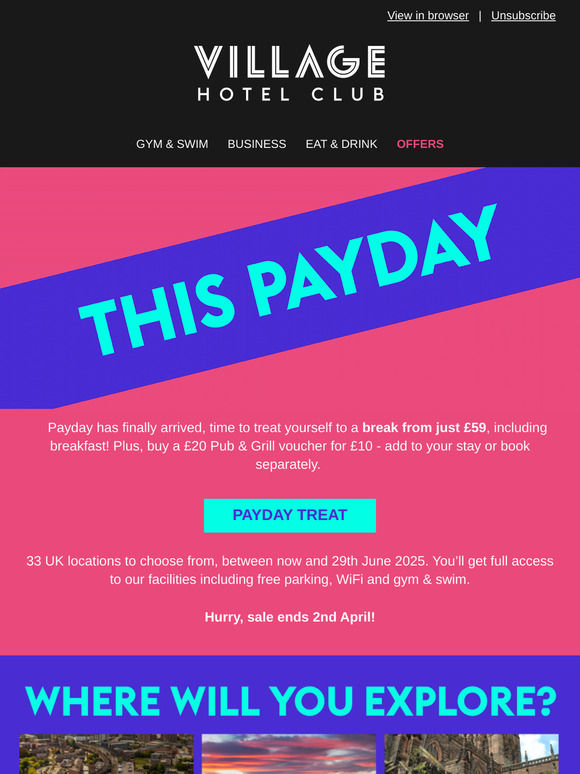 's payday treat! Stays from £59 B&B!