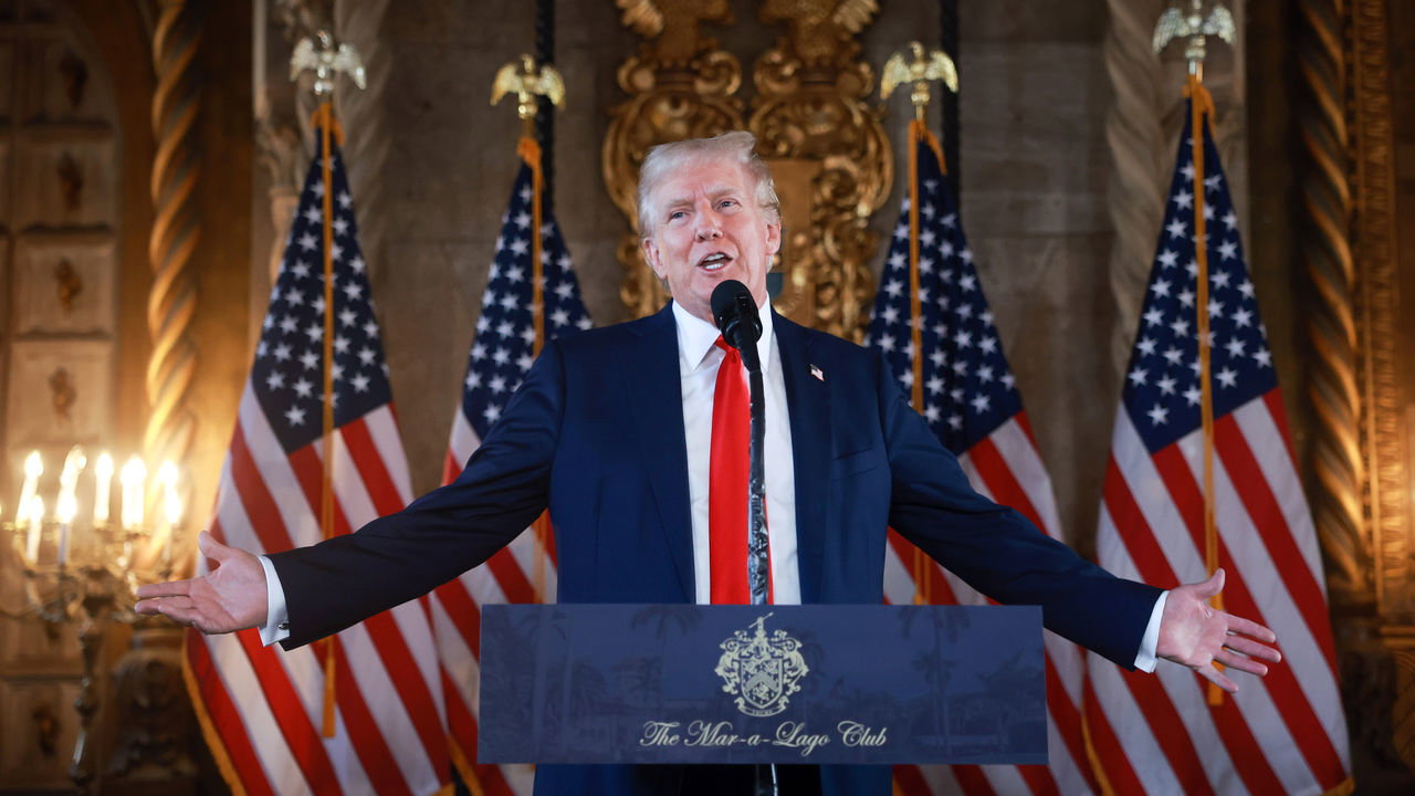 President Donald Trump speaks during a press conference at his Mar-a-Lago estate.